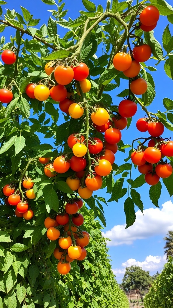 A tomato tree with ripe fruits in a sunny garden.